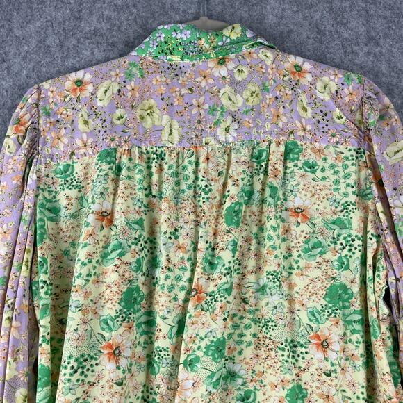 LOFT Floral Crepe Patchwork Top Women Large Blouse Colorful Ditsy Balloon Sleeve - Picture 12 of 14